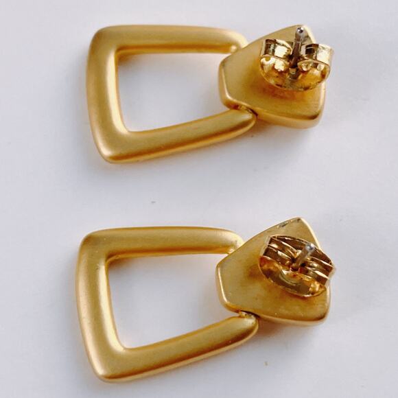 Vintage Matte Gold Tone Geometric Drop Doorknocker Earrings Modernist 80s Hinged - Picture 8 of 12